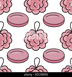 Seamless vector pattern featuring stylized pink bath sponges and oval soap bars with bold black outlines on a clean white background, evoking a sense Stock Vector
