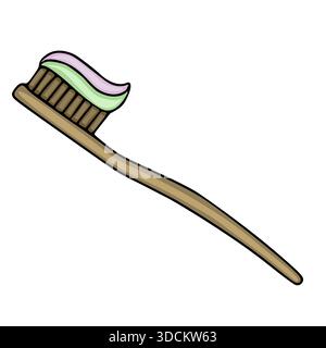 A hand-drawn vector illustration featuring a sustainable bamboo toothbrush with a dual-colored swirl of green and purple toothpaste on its dark bristl Stock Vector