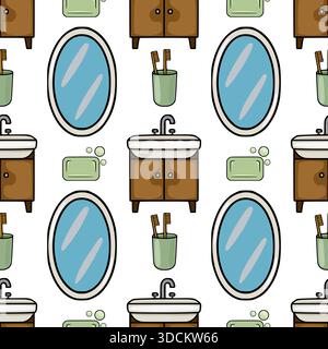 Seamless vector pattern featuring cartoon-style bathroom elements including sinks, mirrors, toothbrushes, and soap bars in a clean, repeating arrangem Stock Vector
