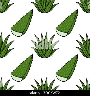 Seamless vector pattern showcasing detailed hand-drawn illustrations of whole green aloe vera succulents and cut fleshy leaves with visible gel textur Stock Vector