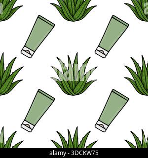 Seamless vector pattern showcasing detailed hand-drawn aloe vera succulent bushes alternating with green organic cosmetic tubes for skincare branding. Stock Vector