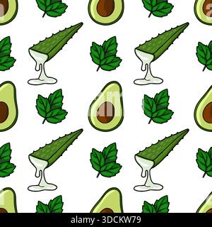 Seamless vector pattern featuring sliced avocados, aloe vera with dripping gel, and fresh green leaves on a white background. Stock Vector