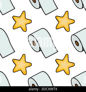 Seamless vector pattern of stylized toilet paper rolls and yellow stars with bold black outlines on a white background. Stock Vector