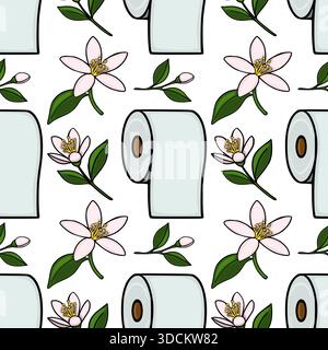Seamless vector pattern featuring light blue toilet paper rolls interspersed with delicate pink blossoms and green leaves on a white background. Stock Vector