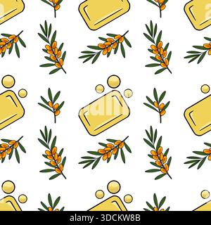 Seamless vector pattern featuring vibrant orange sea buckthorn berries on green branches alongside golden soap bars and frothy bubbles. Stock Vector