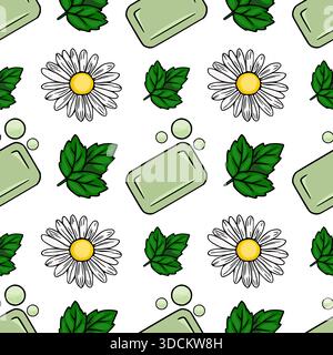 Seamless vector pattern featuring hand-drawn chamomile flowers, green leaves, and pastel green soap bars with subtle bubbles, evoking a fresh, natural Stock Vector
