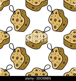Seamless vector pattern of yellow bath sponges with black outlines and holes, perfect for bathroom decor or spa-themed designs. Stock Vector