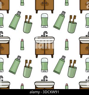 Seamless vector pattern featuring a charming collection of bathroom essentials, including sinks, toothpaste tubes, toothbrushes in holders, deodorant Stock Vector