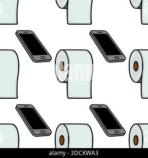 Seamless vector pattern featuring a minimalist illustration of toilet paper rolls and smartphones, creating a quirky and modern background. Stock Vector