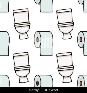 Seamless vector pattern of cartoon toilet paper rolls and toilet bowls, with a clean and minimalist aesthetic. Stock Vector