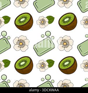 Seamless vector pattern featuring halved kiwis, delicate white flowers with yellow centers, and light green soap bars with bubbles. Stock Vector
