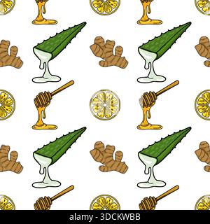 A vibrant, seamless vector pattern featuring stylized illustrations of fresh aloe vera leaves, sliced lemons, ginger roots, and dripping honey with di Stock Vector