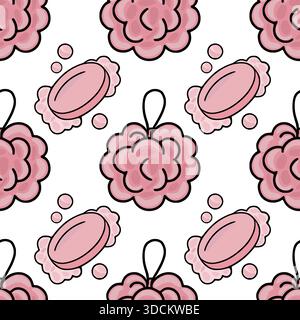 Seamless pink vector pattern featuring cartoon-style bath sponges and soap bars with bubbly accents. Stock Vector