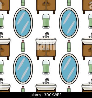 Seamless vector pattern featuring hand-drawn bathroom vanity cabinets, oval mirrors, and cosmetic items like lipstick and deodorant, creating a clean Stock Vector