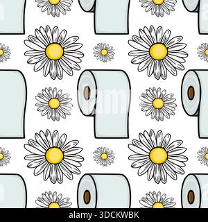 Seamless vector pattern featuring light blue toilet paper rolls and delicate white daisies with yellow centers, set against a clean white background. Stock Vector
