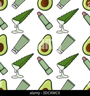 Seamless vector pattern featuring aloe vera leaves with dripping gel, halved avocados, cosmetic tubes, and lip balm sticks on a white background for s Stock Vector
