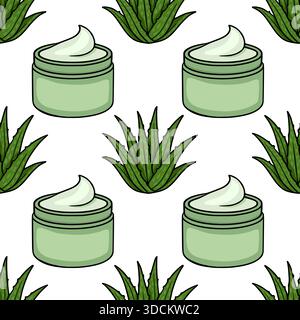 Seamless vector pattern showcasing aloe vera plants and cream jars, evoking natural skincare and botanical themes. Stock Vector