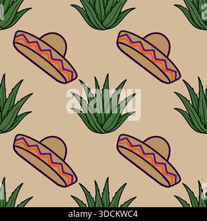 Seamless vector pattern featuring stylized Mexican sombreros and vibrant green aloe vera plants on a neutral beige background. Stock Vector