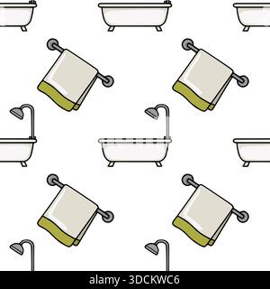 Seamless vector pattern of minimalist bathtubs and towels with shower heads, evoking a clean and functional bathroom aesthetic. Stock Vector