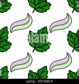 A seamless vector pattern depicting fresh green peppermint leaves paired with decorative swirls of two-toned pink and green toothpaste, ideal for dent Stock Vector