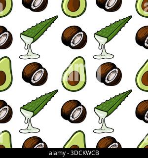 Seamless vector pattern showcasing a mix of hand-drawn aloe vera leaves with dripping Stock Vector