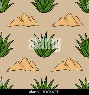 Seamless vector pattern featuring hand-drawn green aloe vera plants and golden sand dunes on a warm beige background, perfect for desert-themed textil Stock Vector