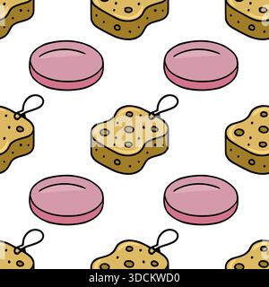 Seamless vector pattern featuring stylized bath sponges and pink soap bars with bold black outlines and a clean white background, ideal for bathroom d Stock Vector