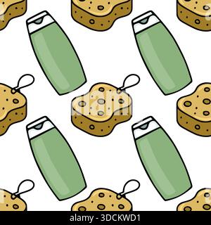 Seamless vector pattern of cartoon-style bath sponges and green lotion bottles with black outlines on a white background. Stock Vector