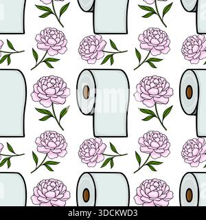 Seamless vector pattern featuring delicate pink peonies and light blue toilet paper rolls, creating a whimsical and charming background. Stock Vector