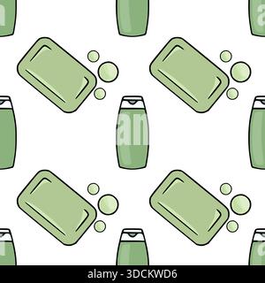 A repeating vector pattern featuring stylized green soap bars and shampoo bottles with small bubbles, creating a clean and fresh bathroom aesthetic. Stock Vector