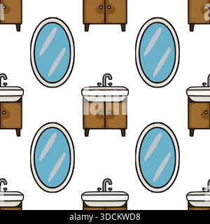 A charming vector pattern featuring stylized bathroom vanities with oval mirrors and sinks, set against a clean white background, evoking a sense of s Stock Vector