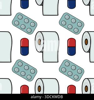 Seamless vector pattern featuring cartoon-style toilet paper rolls, blister packs of pills, and individual red and blue capsules against a clean white Stock Vector