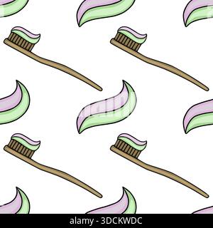 Seamless vector pattern of stylized toothbrushes with pastel toothpaste swirls. Stock Vector