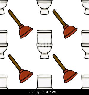 Seamless vector pattern featuring cartoon-style toilets and plungers with brown handles on a white background. Stock Vector