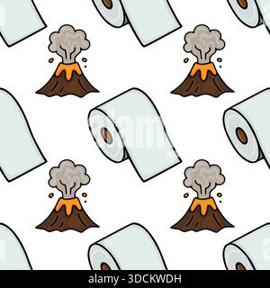 A whimsical vector pattern featuring erupting volcanoes and toilet paper rolls, perfect for quirky backgrounds. Stock Vector