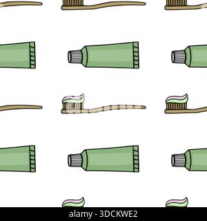 Seamless vector pattern of cartoon-style toothbrushes with toothpaste tubes and swirled toothpaste, featuring a clean white background and a playful, Stock Vector