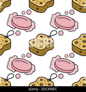 Seamless vector pattern of cartoon-style bath sponges and pink soap bars with bubbles on a white background. Stock Vector