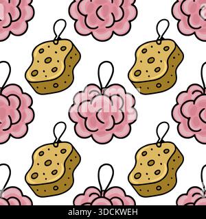 A charming vector pattern featuring pink loofahs and yellow sponges with black outlines, creating a playful and clean aesthetic for bath-related desig Stock Vector