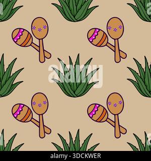 Seamless vector pattern featuring vibrant maracas and lush aloe vera plants on a warm beige background, perfect for festive and natural themes. Stock Vector