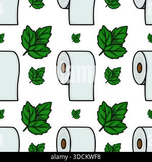 Seamless vector pattern of toilet paper rolls with fresh green leaves, representing hygiene and natural freshness. Stock Vector