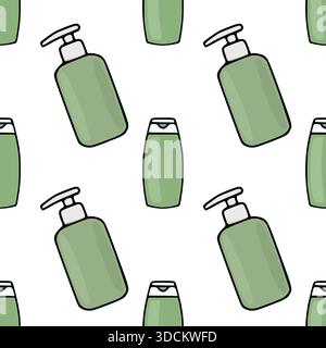 Seamless vector pattern of various green soap and lotion dispenser bottles with white pump tops, arranged in a playful, scattered composition on a cle Stock Vector
