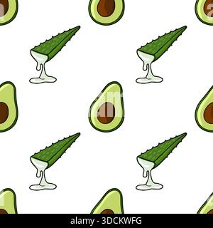 Seamless vector pattern featuring halved avocados and aloe vera leaves with dripping gel, perfect for cosmetic or food-related backgrounds. Stock Vector