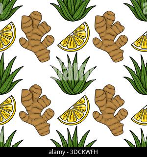 Seamless vector pattern showcasing a healthy combination of medicinal aloe vera plants, spicy ginger roots, and fresh citrus lemon slices in a vibrant Stock Vector