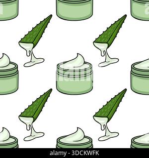 Seamless vector pattern of green aloe vera leaves and jars of cream, illustrating natural skincare ingredients with a clean, refreshing aesthetic. Stock Vector