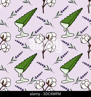 Seamless vector pattern featuring dripping aloe vera gel, cotton bolls, and lavender sprigs on a soft lilac background, evoking natural skincare and b Stock Vector
