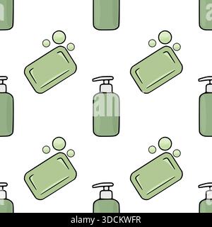 Seamless vector pattern featuring flat design illustrations of pale green soap bars with bubbles and pump dispenser bottles, perfect for hygiene-theme Stock Vector