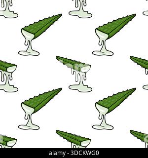 Seamless vector pattern featuring stylized aloe vera slices with dripping gel on a white background. Stock Vector