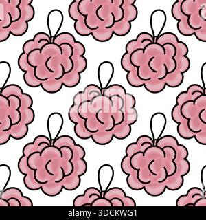 A repeating vector pattern of soft pink bath poufs with black outlines, creating a clean and modern background for beauty and hygiene themes. Stock Vector