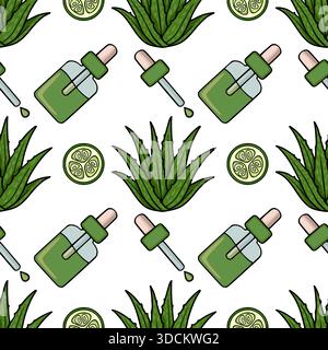 Seamless vector pattern featuring hand-drawn aloe vera succulents, cosmetic dropper bottles with green oil, and fresh cucumber slices on a white backg Stock Vector