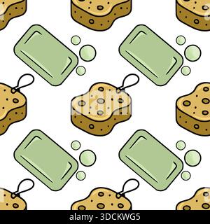 A charming vector seamless pattern featuring stylized bath sponges and bars of soap, with playful bubbles, creating a clean and refreshing bathroom ae Stock Vector